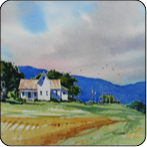 watercolor, farmland, white house